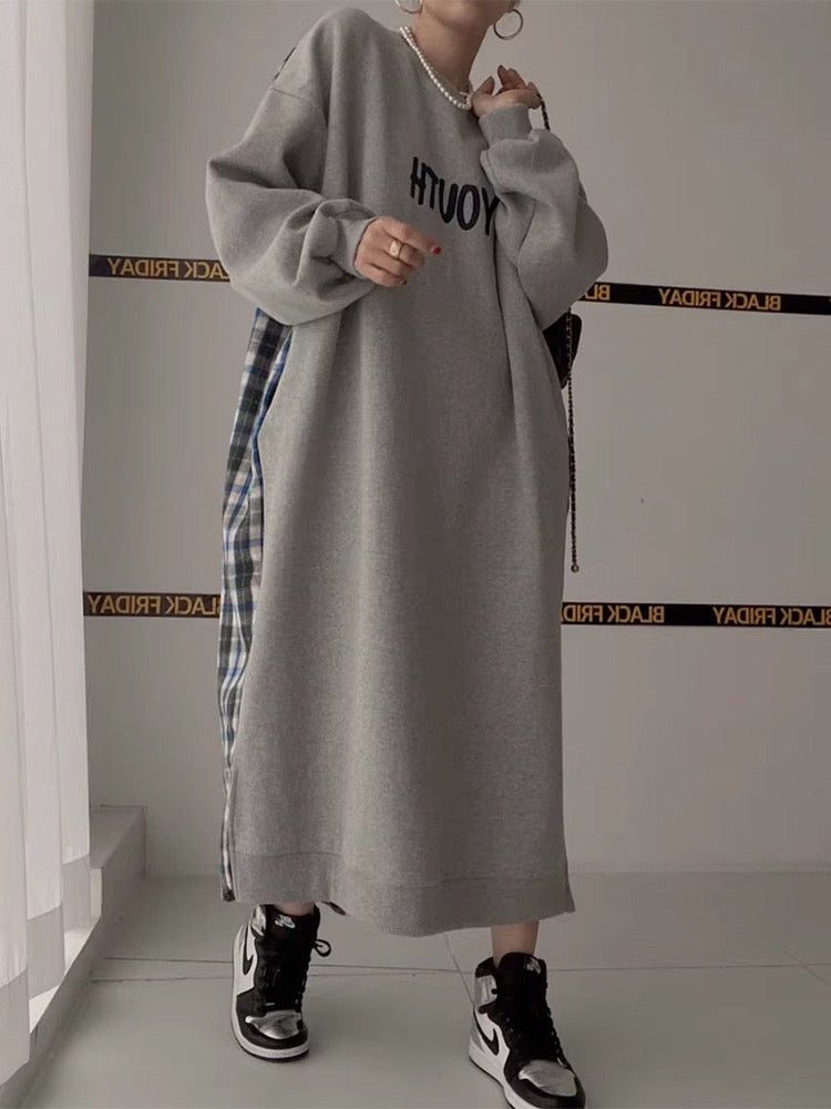 Letter Print Patchwork Contrast Plaid Dress - PAINEVIDA