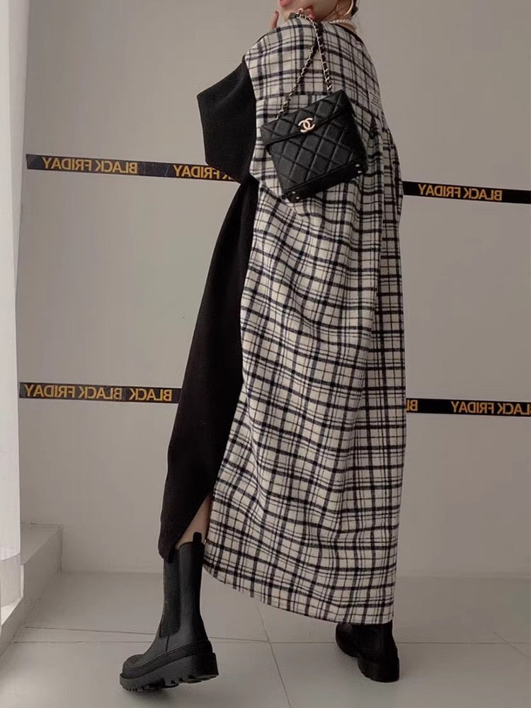 Letter Print Patchwork Contrast Plaid Dress - PAINEVIDA