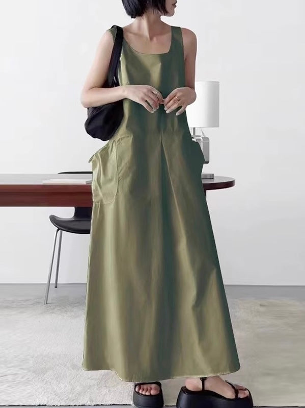 Square Neck Pleated Sleeveless Tank Dress - PAINEVIDA