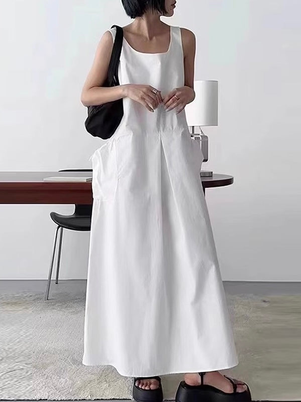 Square Neck Pleated Sleeveless Tank Dress - PAINEVIDA