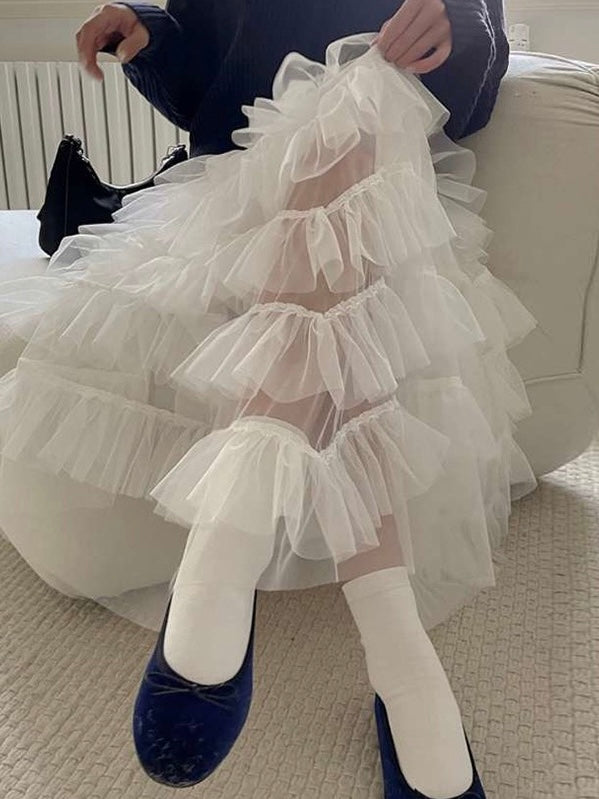 High-Waisted Paneled Ruffle Lace Skirt - PAINEVIDA