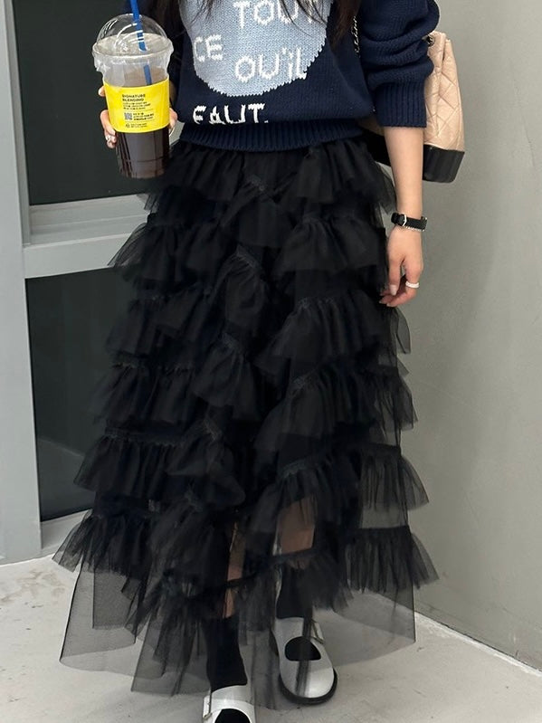 High-Waisted Paneled Ruffle Lace Skirt - PAINEVIDA