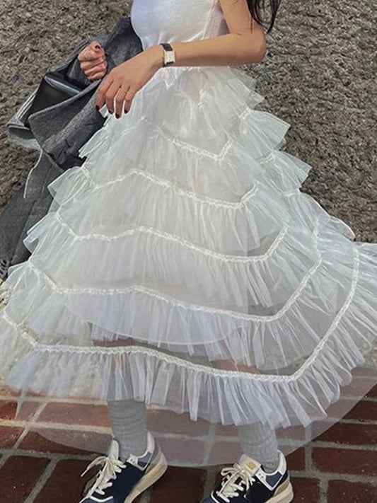 High-Waisted Paneled Ruffle Lace Skirt - PAINEVIDA