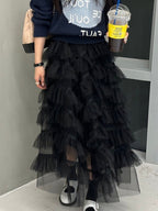 High-Waisted Paneled Ruffle Lace Skirt - PAINEVIDA