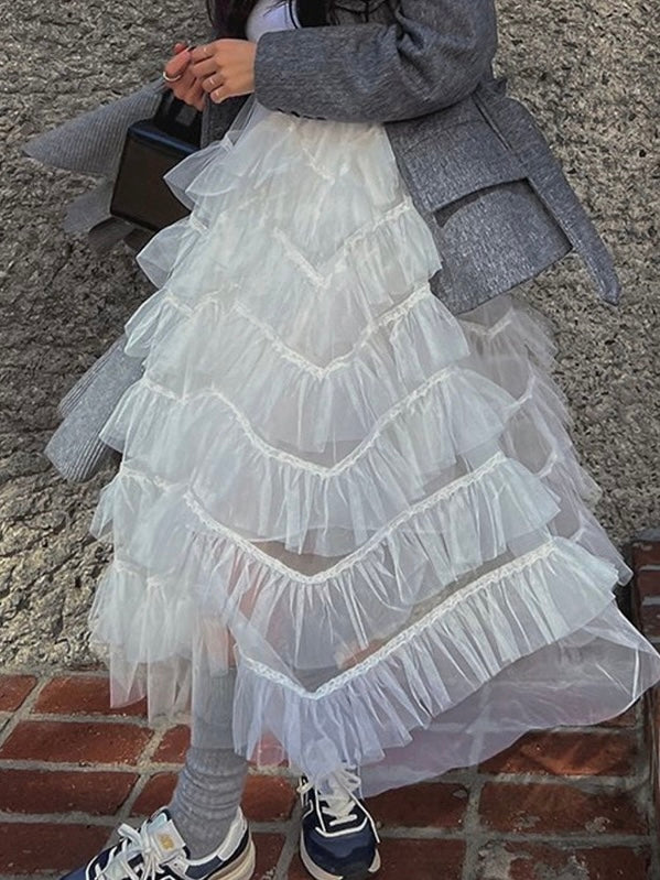 High-Waisted Paneled Ruffle Lace Skirt - PAINEVIDA