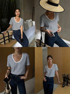 Striped U-neck short-sleeved T-shirt