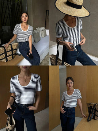Striped U-neck short-sleeved T-shirt by painevida