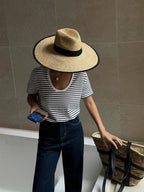 Striped U-neck short-sleeved T-shirt