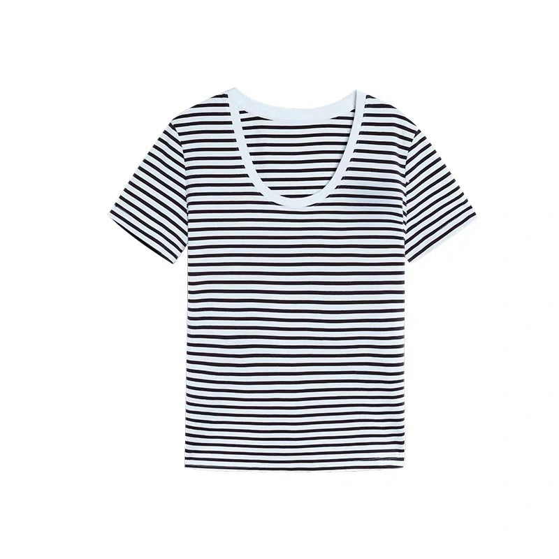 Striped U-neck short-sleeved T-shirt