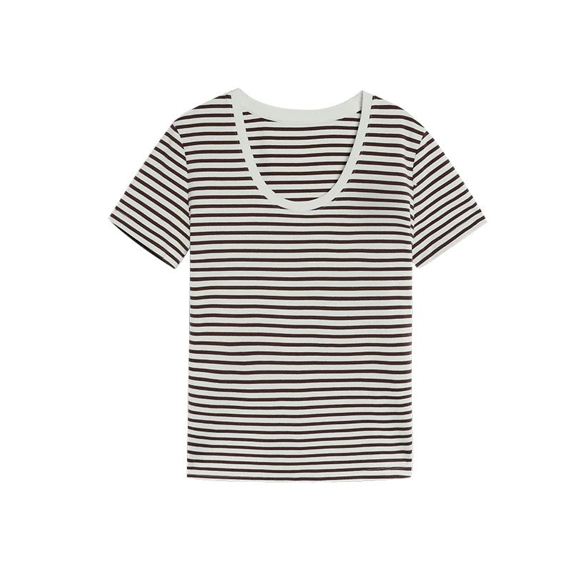 Striped U-neck short-sleeved T-shirt