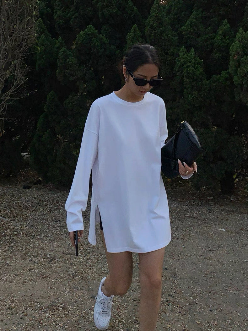 Simple Loose long-sleeved slit T-shirt