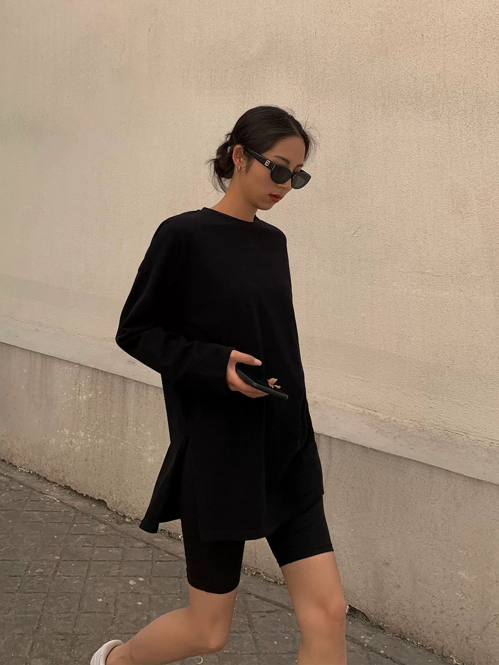 Simple Loose long-sleeved slit T-shirt