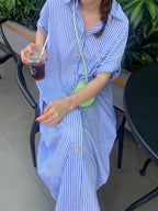 Lapel Single-Breasted Striped Dress - PAINEVIDA