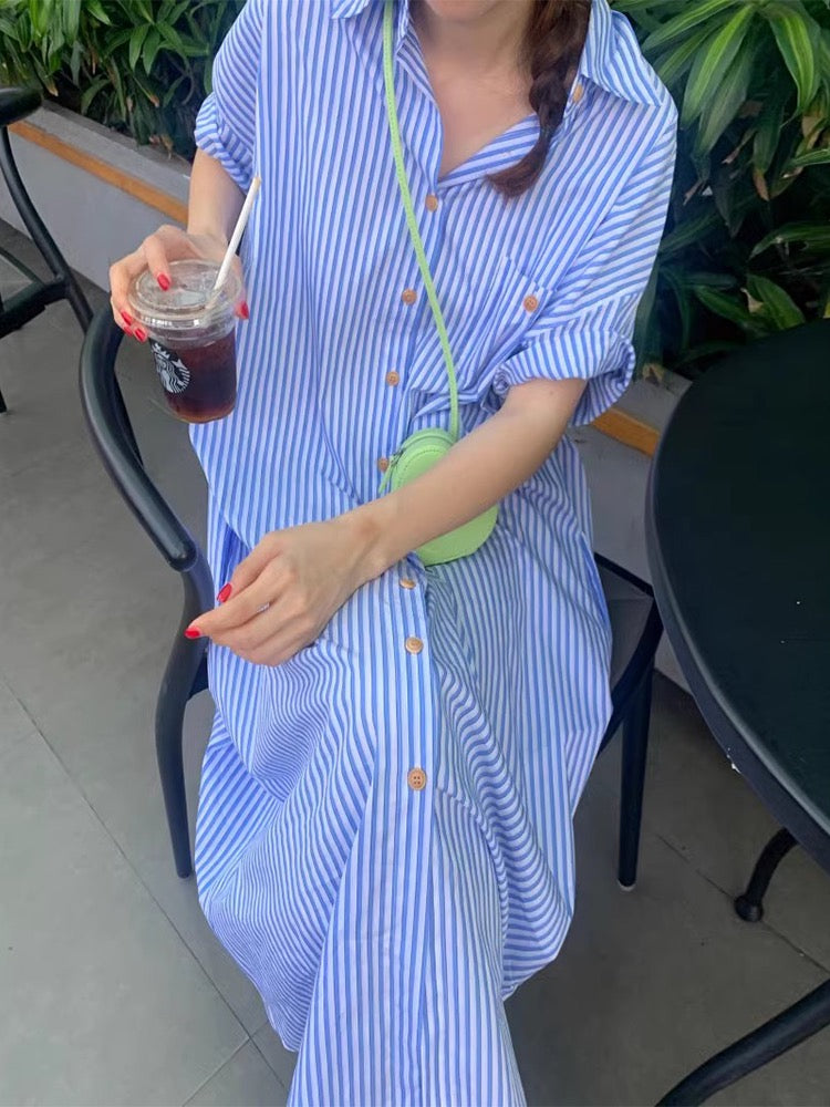 Lapel Single-Breasted Striped Dress - PAINEVIDA