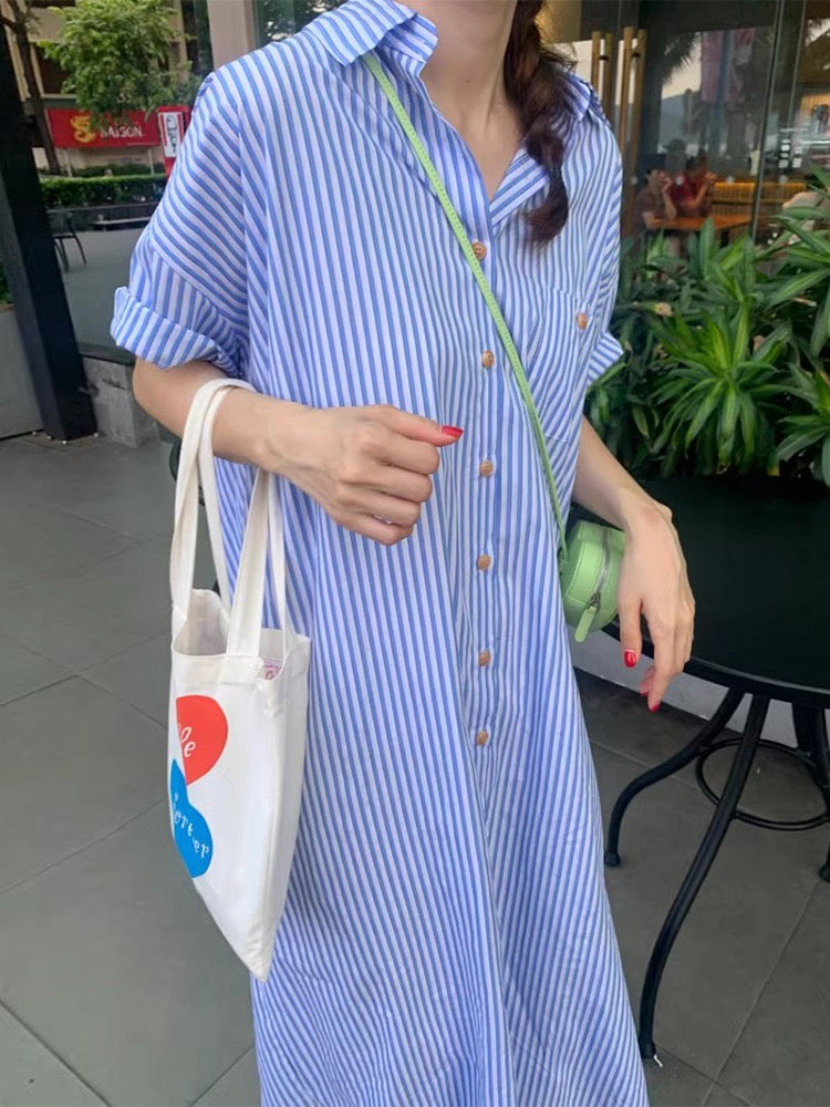 Lapel Single-Breasted Striped Dress - PAINEVIDA