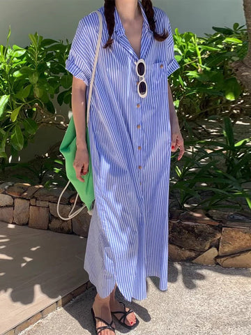 Lapel Single-Breasted Striped Dress - PAINEVIDA