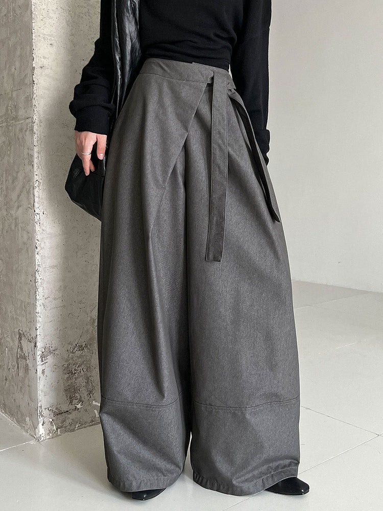 Asymmetric Lace-up High-Waist Wide-Leg Trousers by painevida