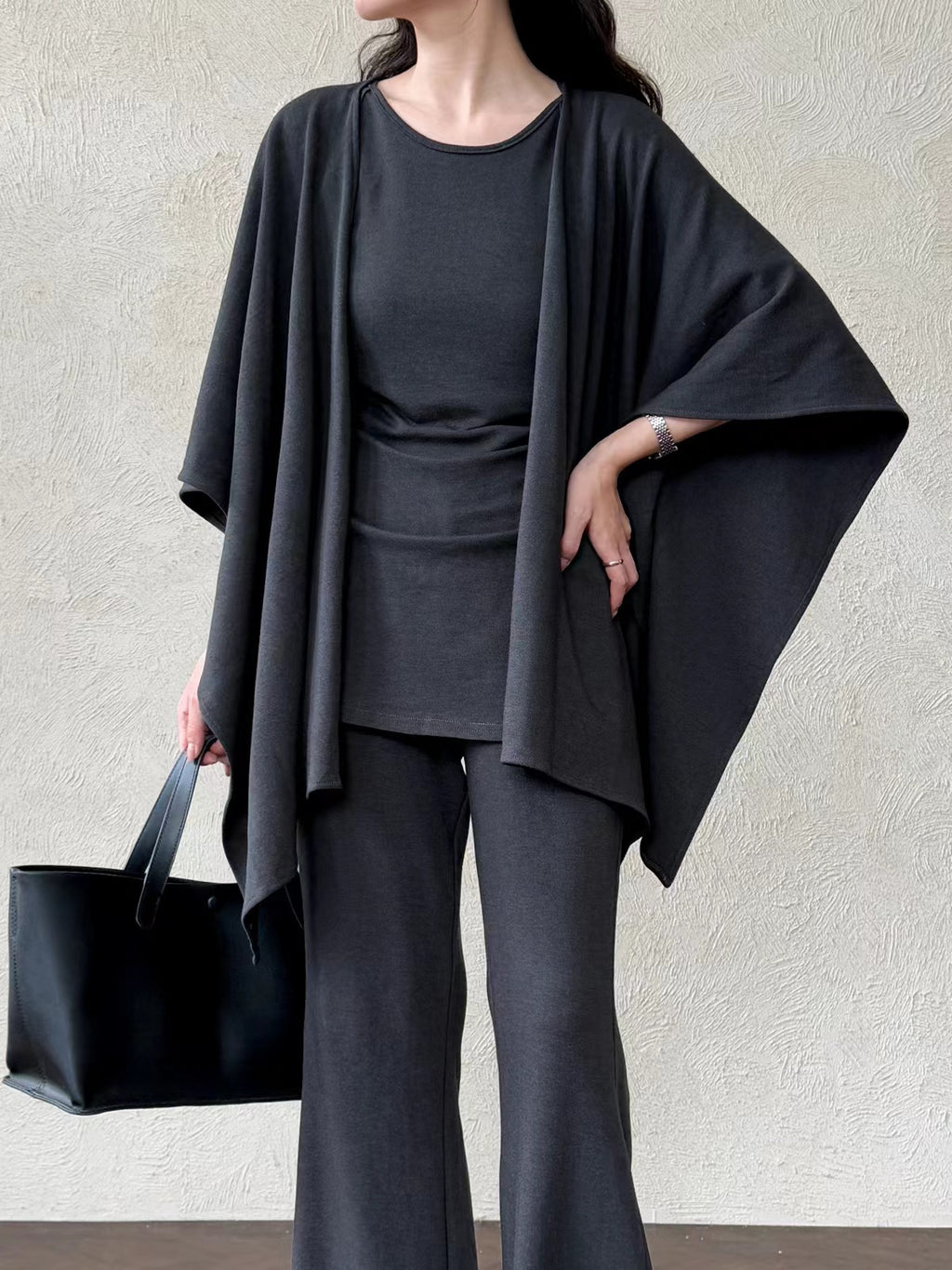 Urban Cape Shawl +Camisole + High Waist Flared Pants 3-Pieces Suit