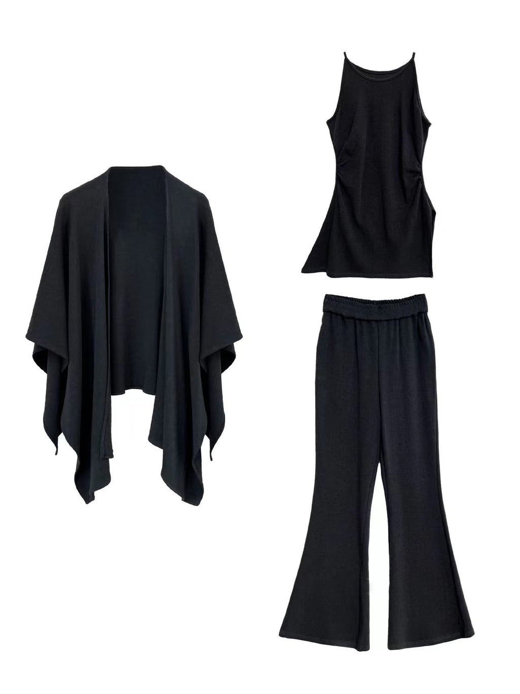 Urban Cape Shawl +Camisole + High Waist Flared Pants 3-Pieces Suit