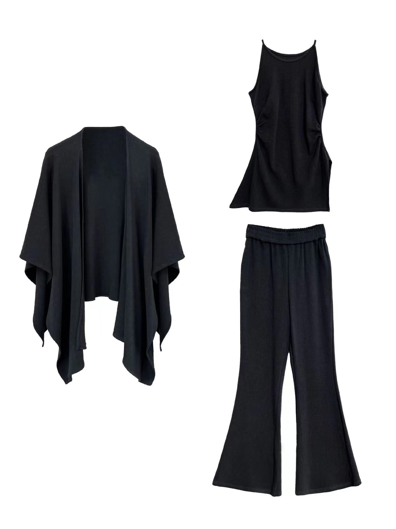 Urban Cape Shawl +Camisole + High Waist Flared Pants 3-Pieces Suit