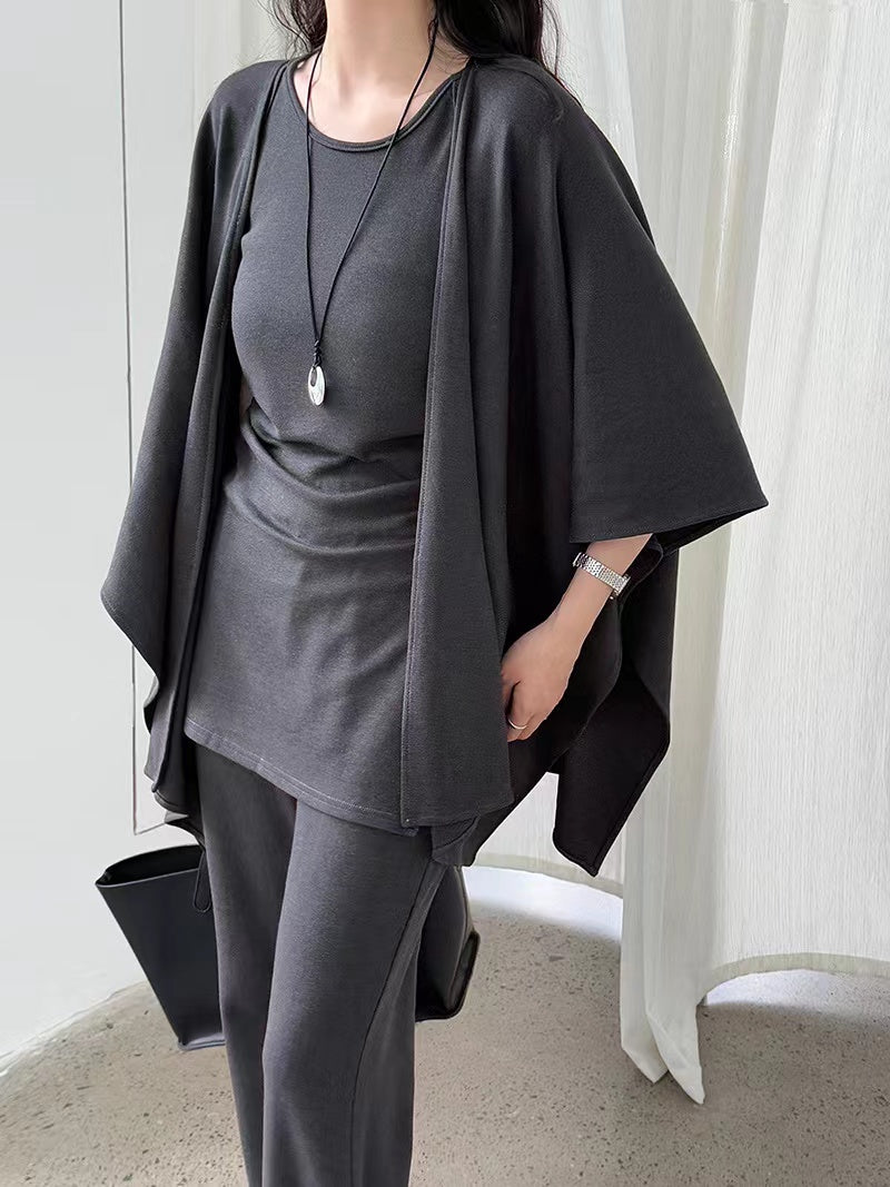 Urban Cape Shawl +Camisole + High Waist Flared Pants 3-Pieces Suit