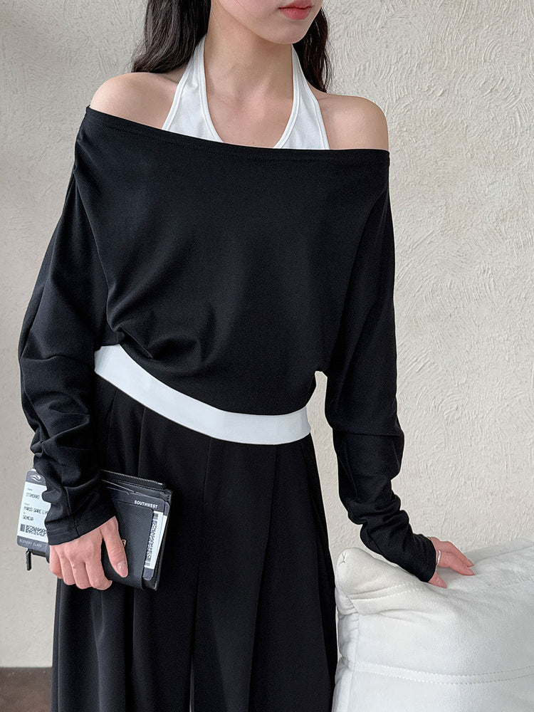 Patchwork Fake Two-Piece Halterneck Off-Shoulder Top by painevida