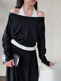 Patchwork Fake Two-Piece Halterneck Off-Shoulder Top