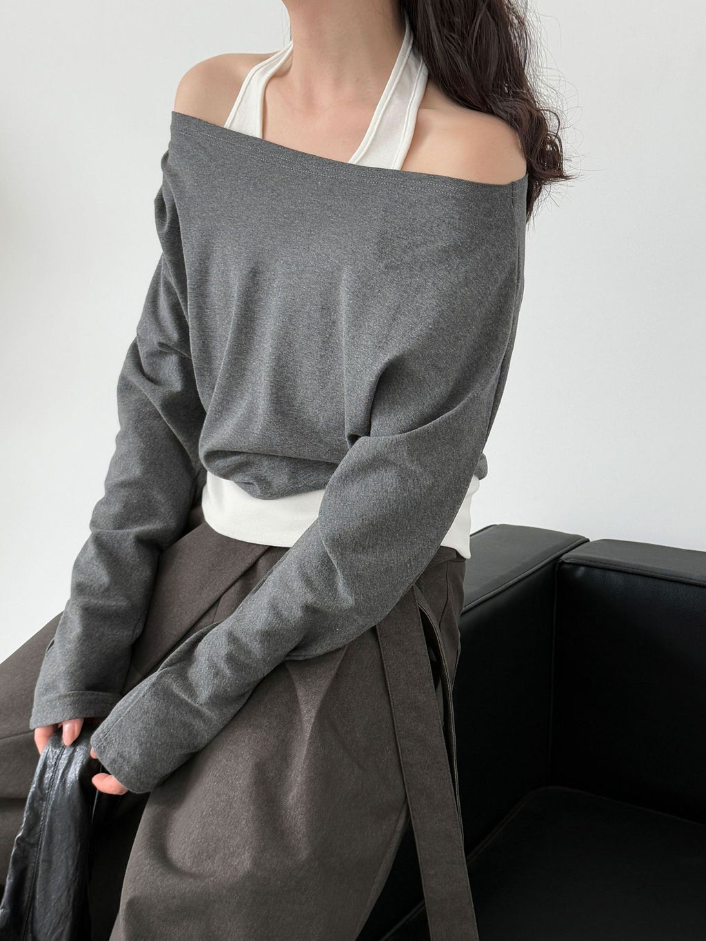 Patchwork Fake Two-Piece Halterneck Off-Shoulder Top