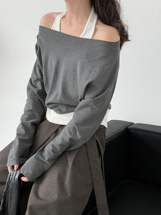Patchwork Fake Two-Piece Halterneck Off-Shoulder Top by painevida
