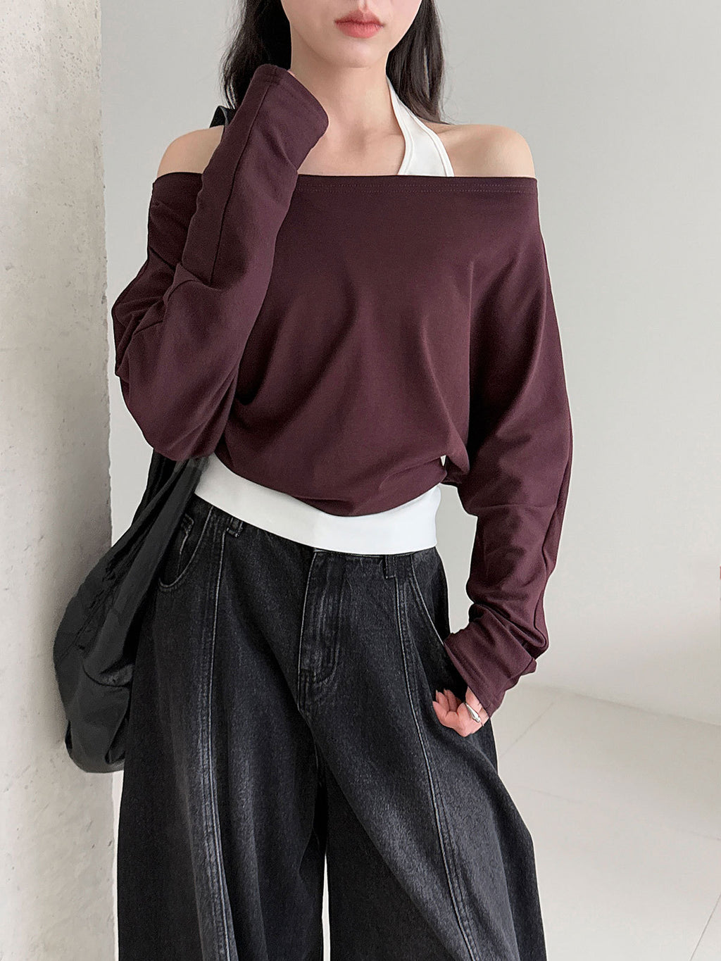 Patchwork Fake Two-Piece Halterneck Off-Shoulder Top