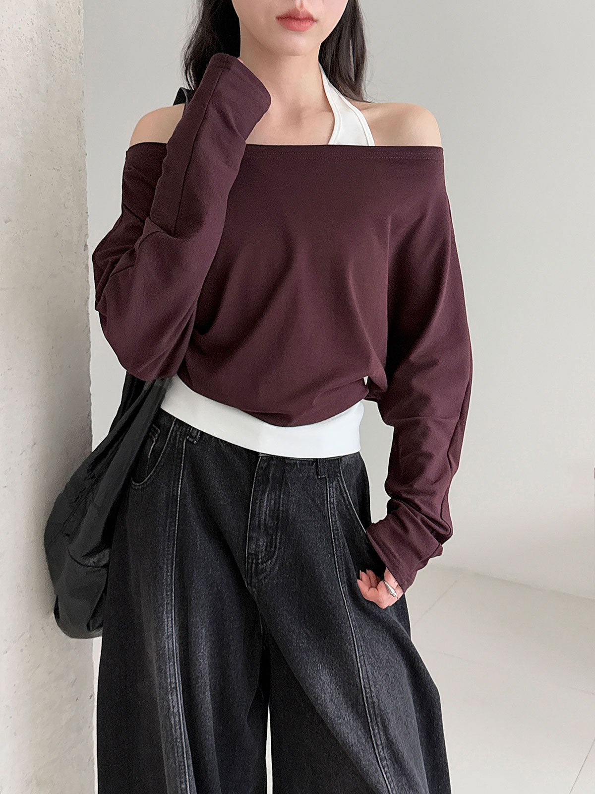 Patchwork Fake Two-Piece Halterneck Off-Shoulder Top