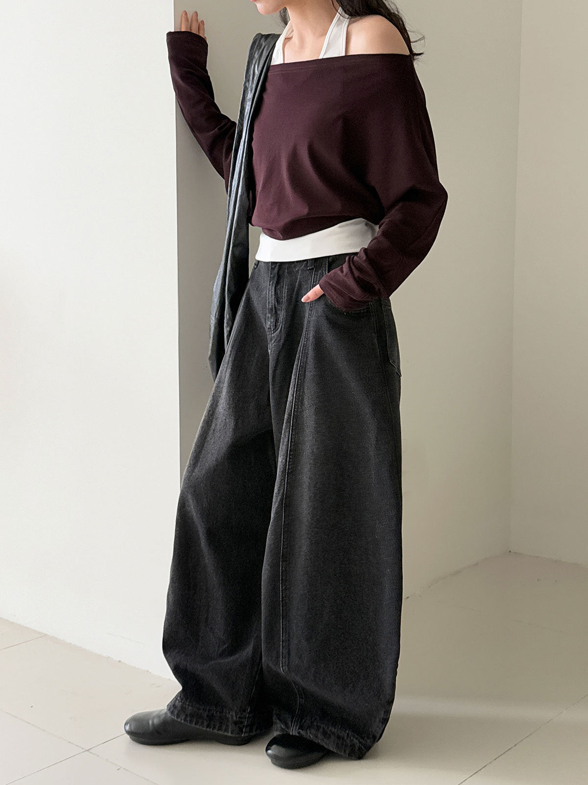 Patchwork Fake Two-Piece Halterneck Off-Shoulder Top