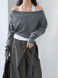 Patchwork Fake Two-Piece Halterneck Off-Shoulder Top