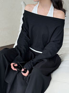 Patchwork Fake Two-Piece Halterneck Off-Shoulder Top