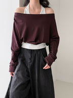 Patchwork Fake Two-Piece Halterneck Off-Shoulder Top