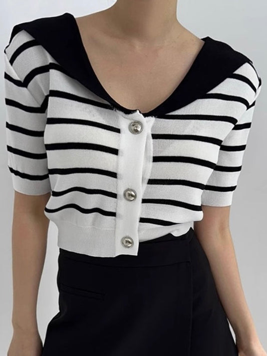 Vintage Navy Collar Striped Knitting T-shirt