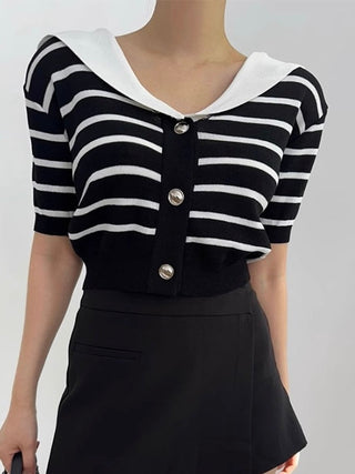 Vintage Navy Collar Striped Knitting T-shirt