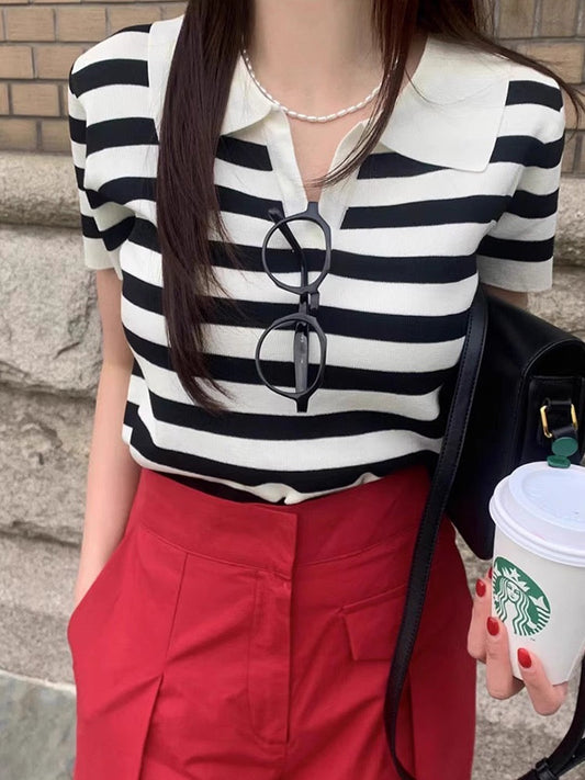 Vintage Polo Collar Striped Knitting T-shirt