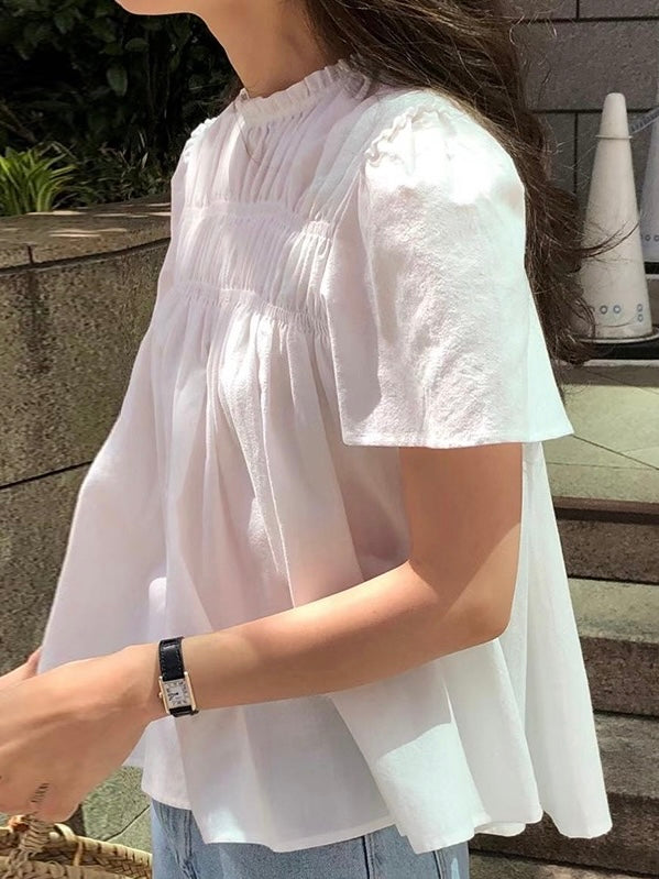 Cute Pleated Puff Sleeve A-line T-shirt - PAINEVIDA