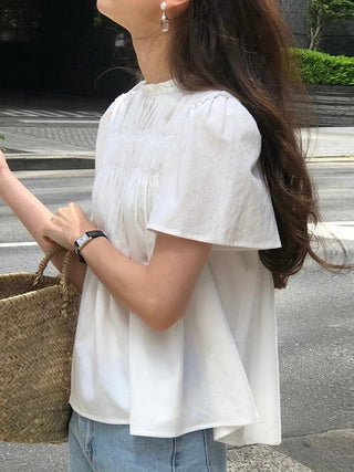 Cute Pleated Puff Sleeve A-line T-shirt