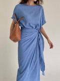 Round Neck Strappy Waist Pleated Long Dress - PAINEVIDA