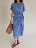 Round Neck Strappy Waist Pleated Long Dress - PAINEVIDA