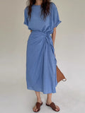 Round Neck Strappy Waist Pleated Long Dress - PAINEVIDA