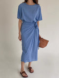 Round Neck Strappy Waist Pleated Long Dress - PAINEVIDA