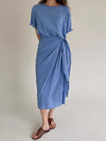 Round Neck Strappy Waist Pleated Long Dress - PAINEVIDA