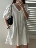 V-Neck Pleated Single-Breasted Puff-Sleeve Dress - PAINEVIDA