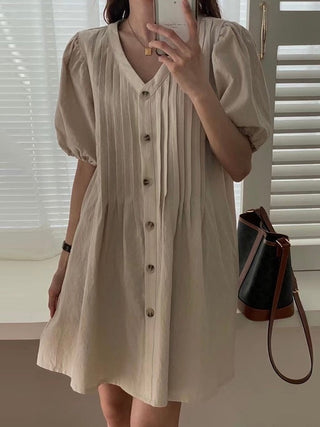 V-Neck Pleated Single-Breasted Puff-Sleeve Dress