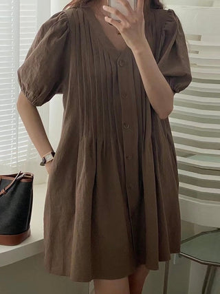 V-Neck Pleated Single-Breasted Puff-Sleeve Dress