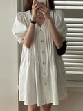 V-Neck Pleated Single-Breasted Puff-Sleeve Dress - PAINEVIDA