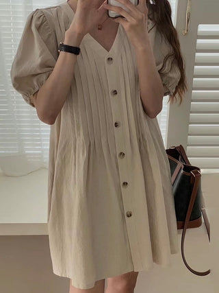 V-Neck Pleated Single-Breasted Puff-Sleeve Dress